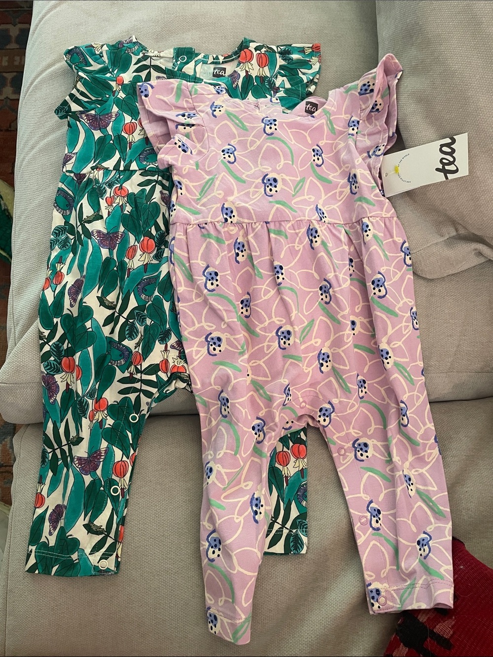 Tea Collection Lavender Floral and Green Botanical Baby Rompers (2-Pack)